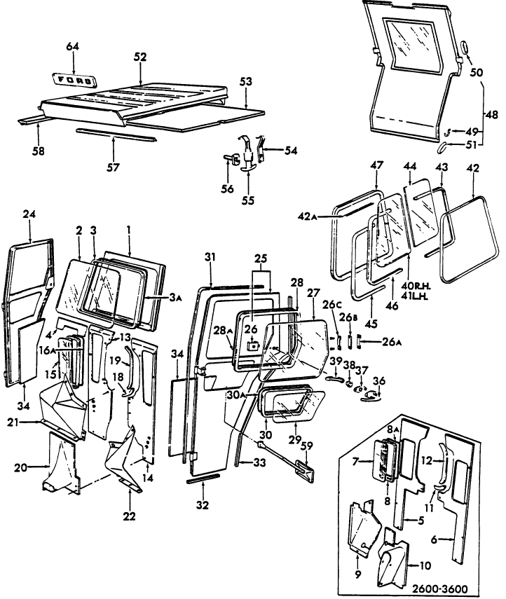 15A01 STANDARD TRACTOR CAB ASSEMBLY FOR SAFETY FRAME, NH-E (75/3-76) - 2600, 3600, 4100, 5600, 6600, 7600