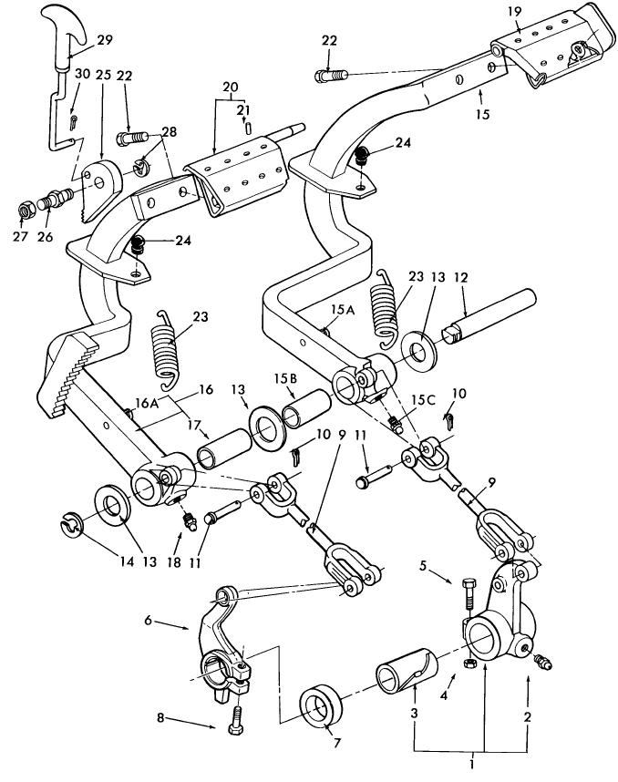02A03 BRAKE LINKAGE & PEDALS, W/CAB (81/9-85) - EXCEPT 6710 & 7710