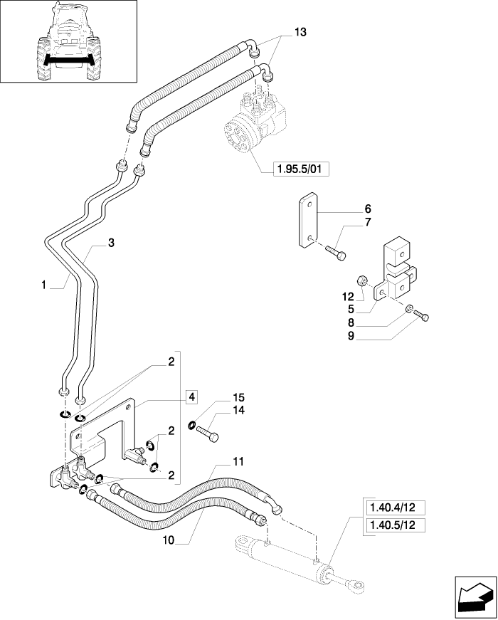 1.42.0/04 (VAR.330414-330427) 4WD (CL.3) SUSPENDED FRONT AXLE - STEERING CYLINDER PIPES AND POWER STEER. PIPES