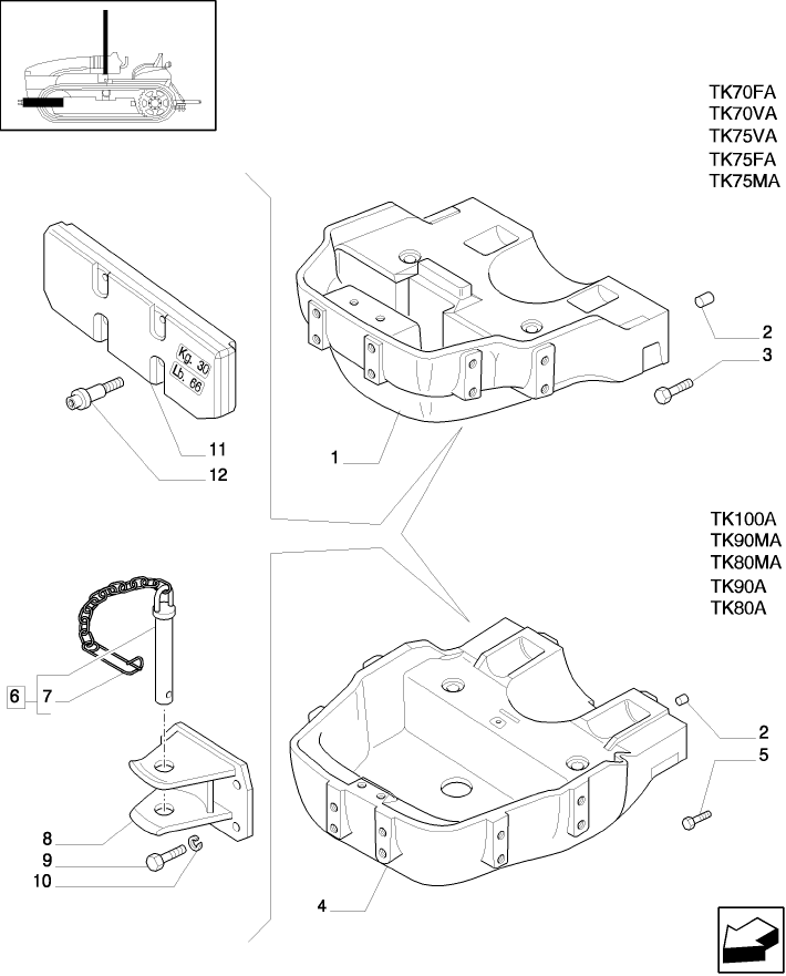 1.21.1 SUPPORT FOR FRONT AXLE, WEIGHT CARRIER, FRONT TOW HOOK