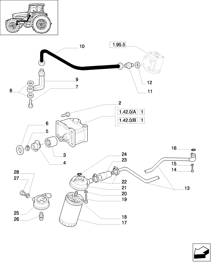 1.42.0/ 1(01) FRONT AXLE - 4-WD - POWER STEERING HYDRAULIC CONTROL - PIPES & OIL FILTER