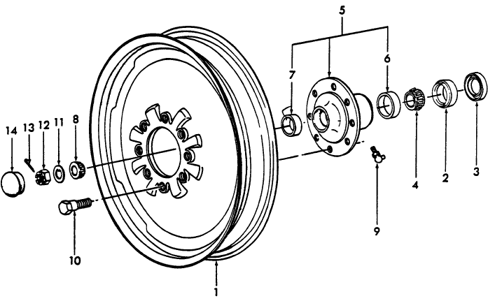 01A02 FRT. WHEEL ASSEMBLY, HEAVY DUTY, 8-BOLT WHEEL & HUB (79/) - TW10, TW20, TW30