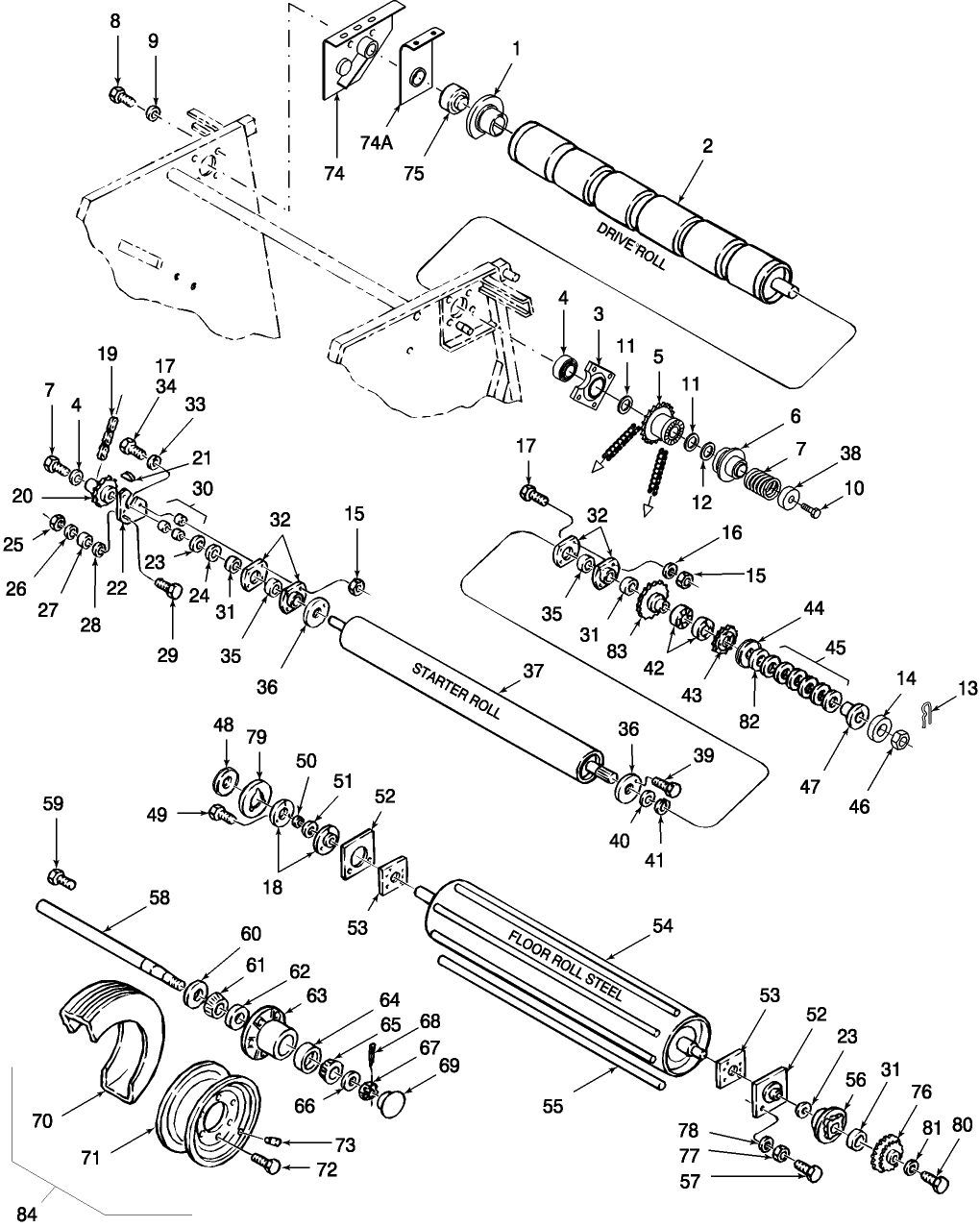004 MAIN FRAME DRIVE, STARTER & FLOOR ROLLER