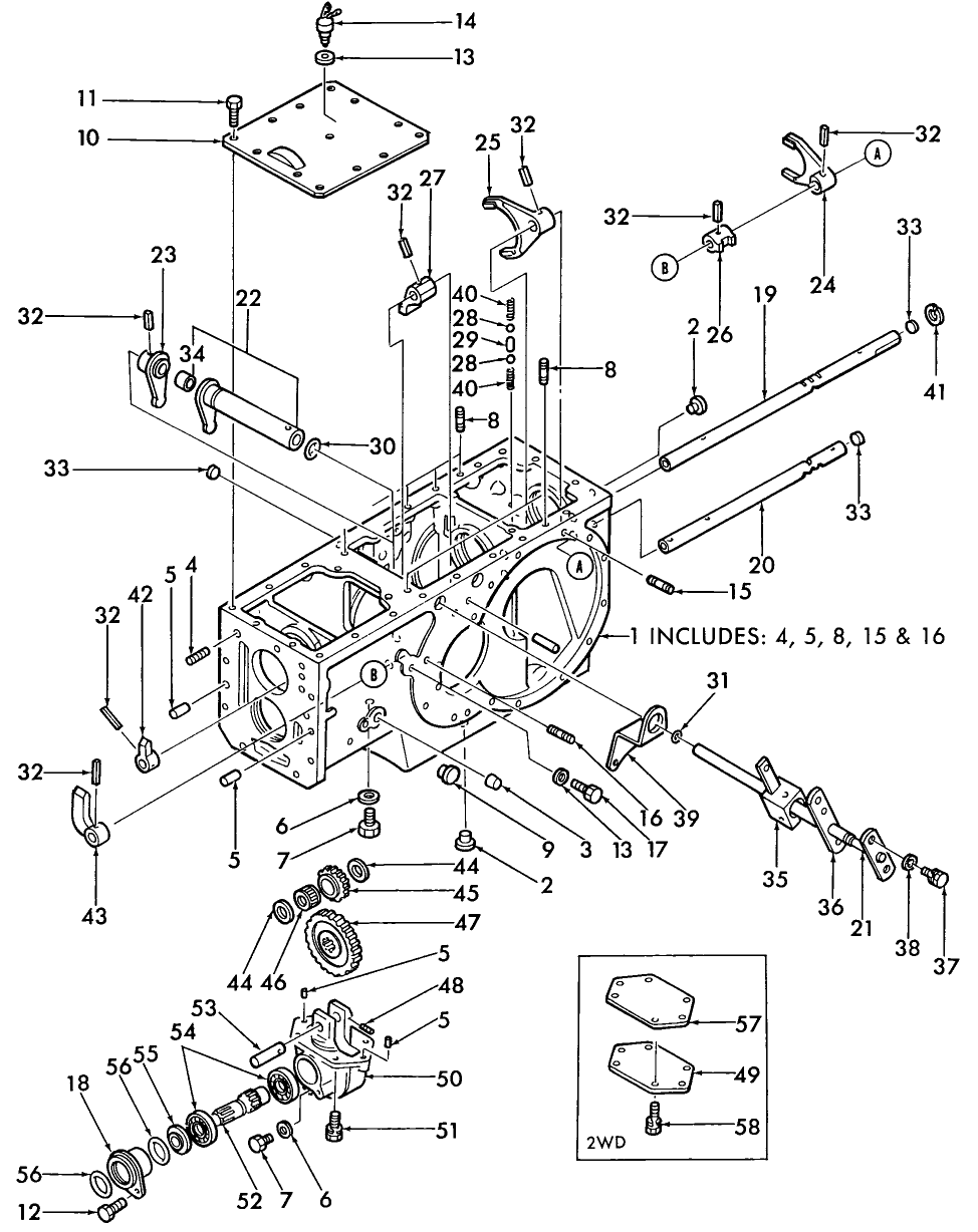 07E02 REAR TRANSMISSION CASE, SHIFTER W/2WD & FWD, GEARS W/FWD W/MULTI-PTO - 1920 NH-E