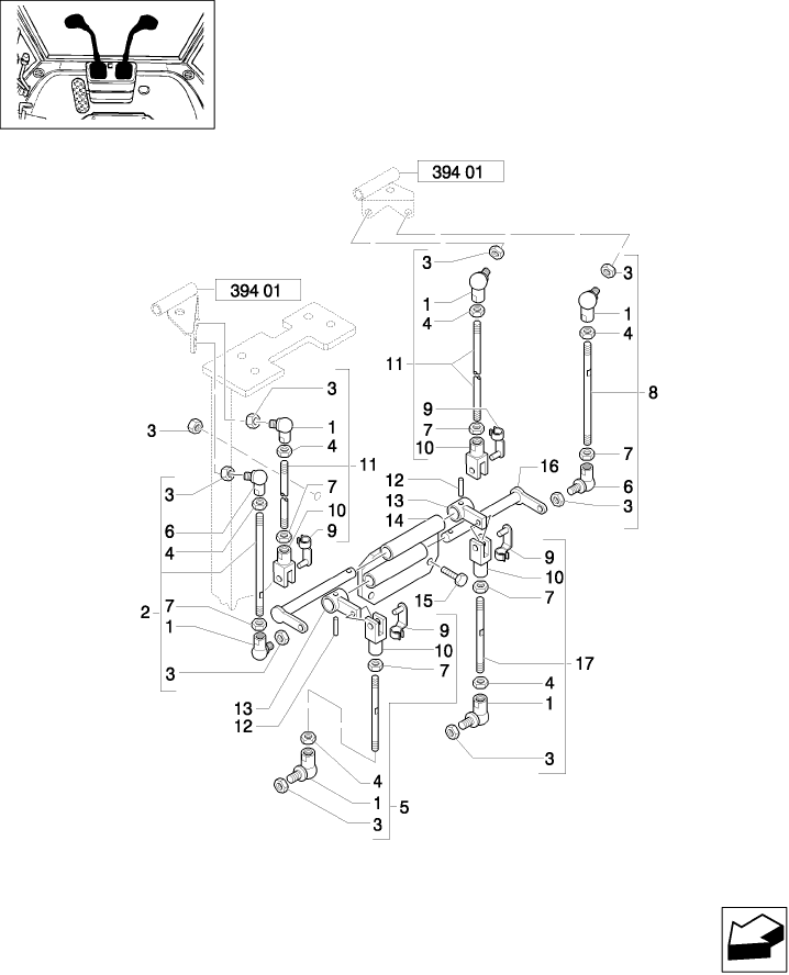 394(02) ISO 2 LEVER BACKHOE CONTROLS, TIE-ROD ASSEMBLY (CENTER PIVOT)